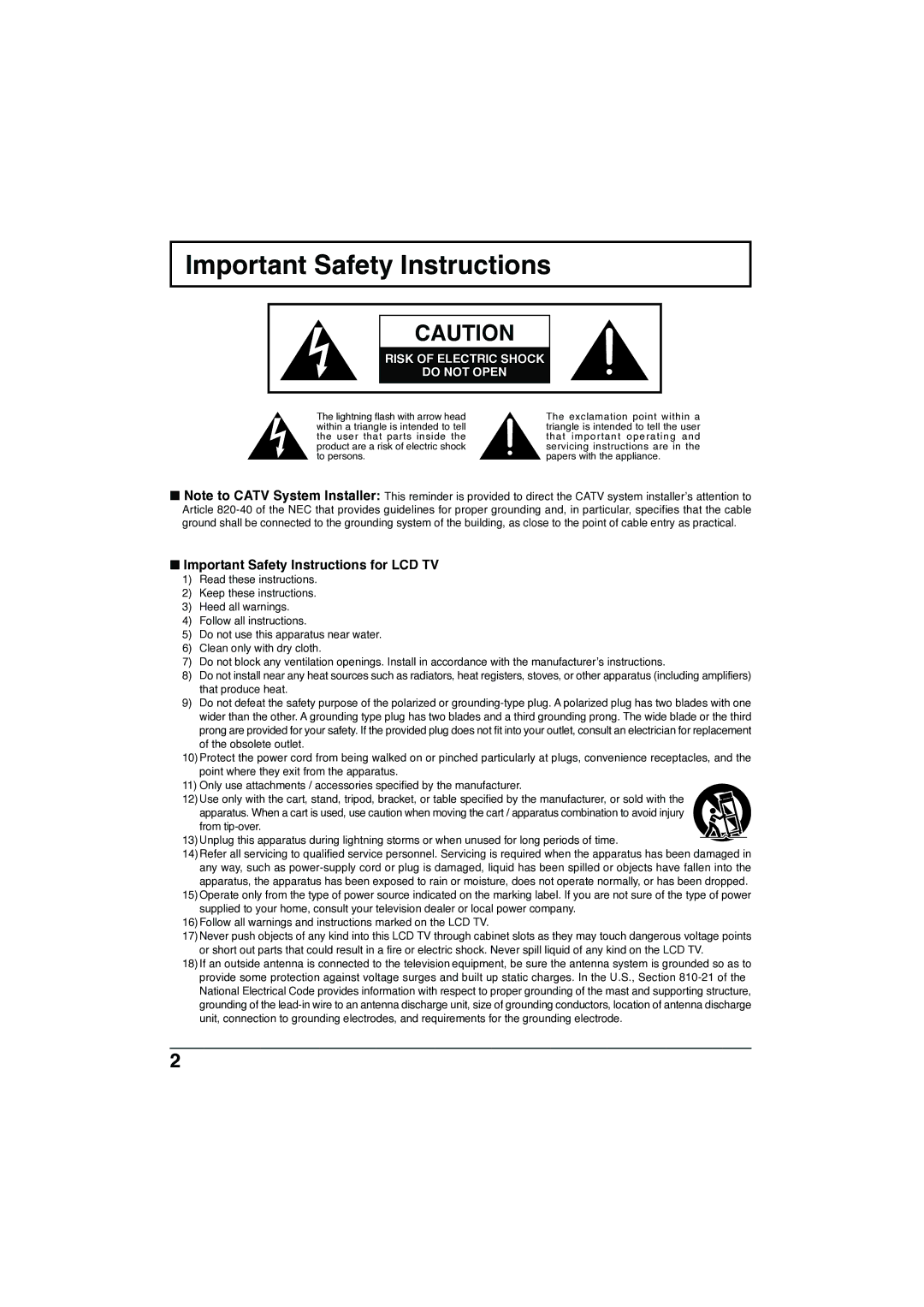 Panasonic TC-32LX300 manual Important Safety Instructions for LCD TV 