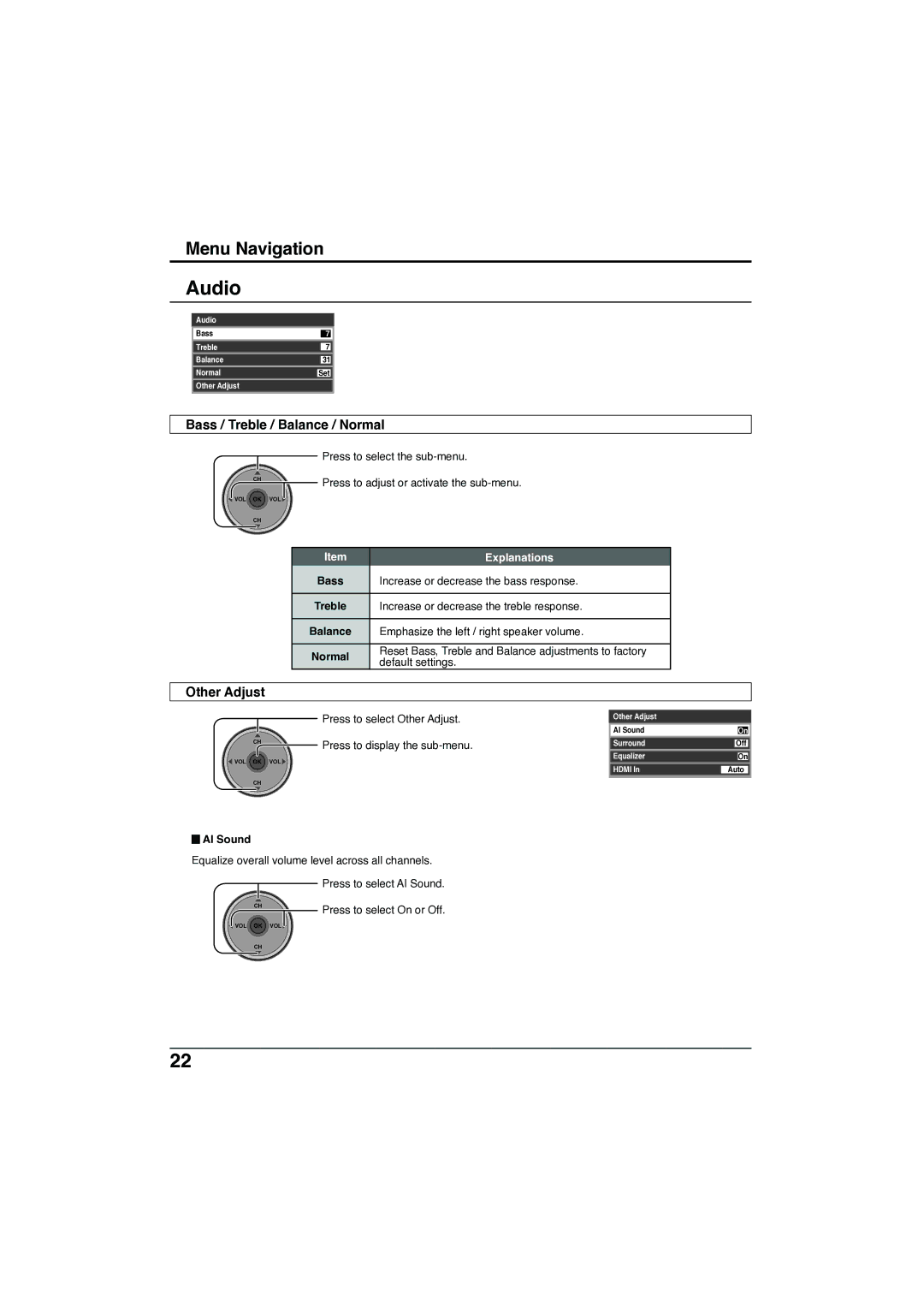 Panasonic TC-32LX300 manual Audio, Bass / Treble / Balance / Normal, AI Sound, Press to select On or Off 