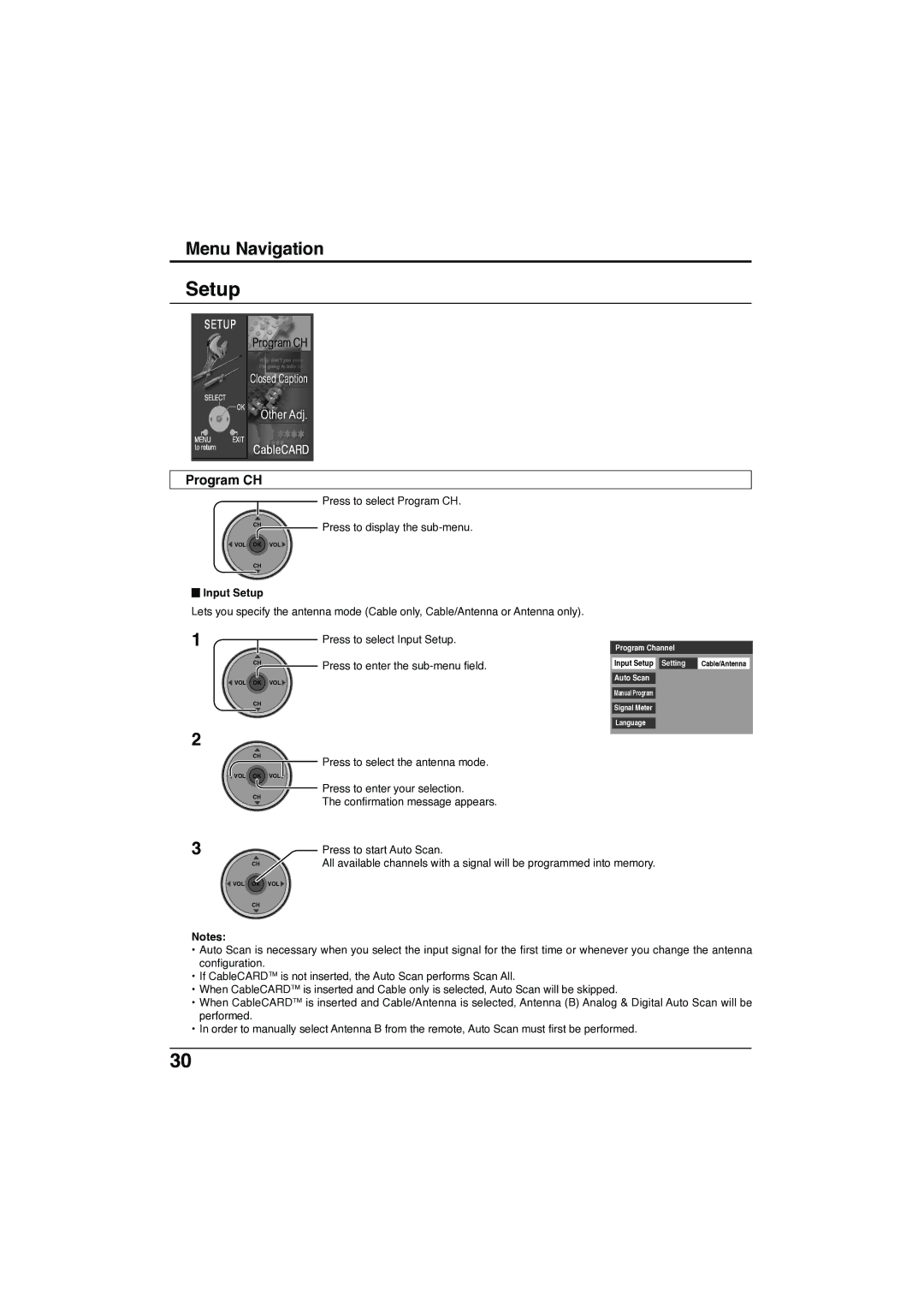 Panasonic TC-32LX300 manual Program CH, Press to select Input Setup, Press to enter the sub-menu field 