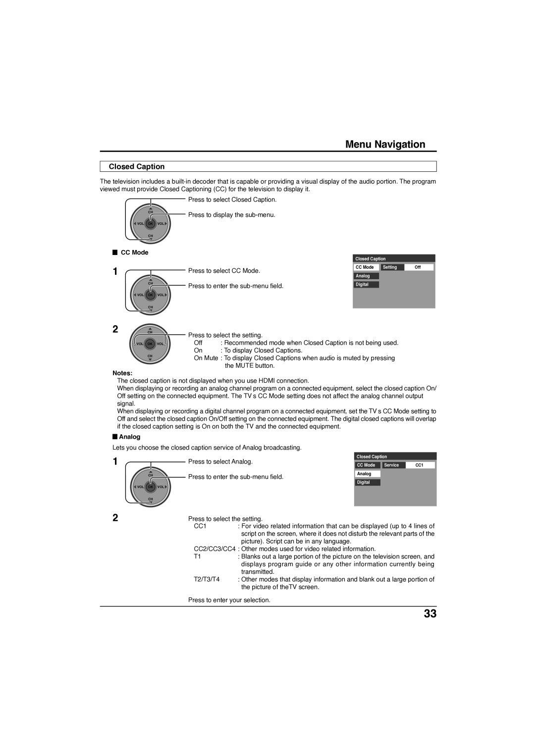 Panasonic TC-32LX300 manual Closed Caption, CC Mode, Analog 