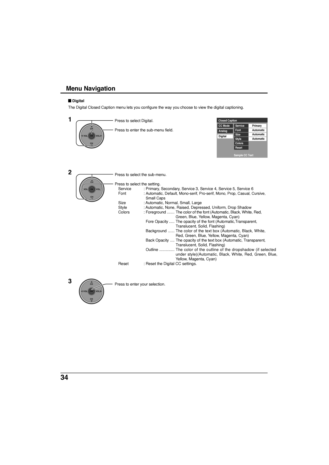 Panasonic TC-32LX300 manual Press to select Digital Press to enter the sub-menu field 