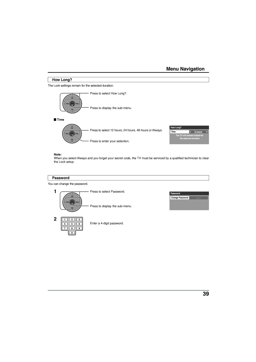 Panasonic TC-32LX300 manual How Long?, Time, Press to select Password 