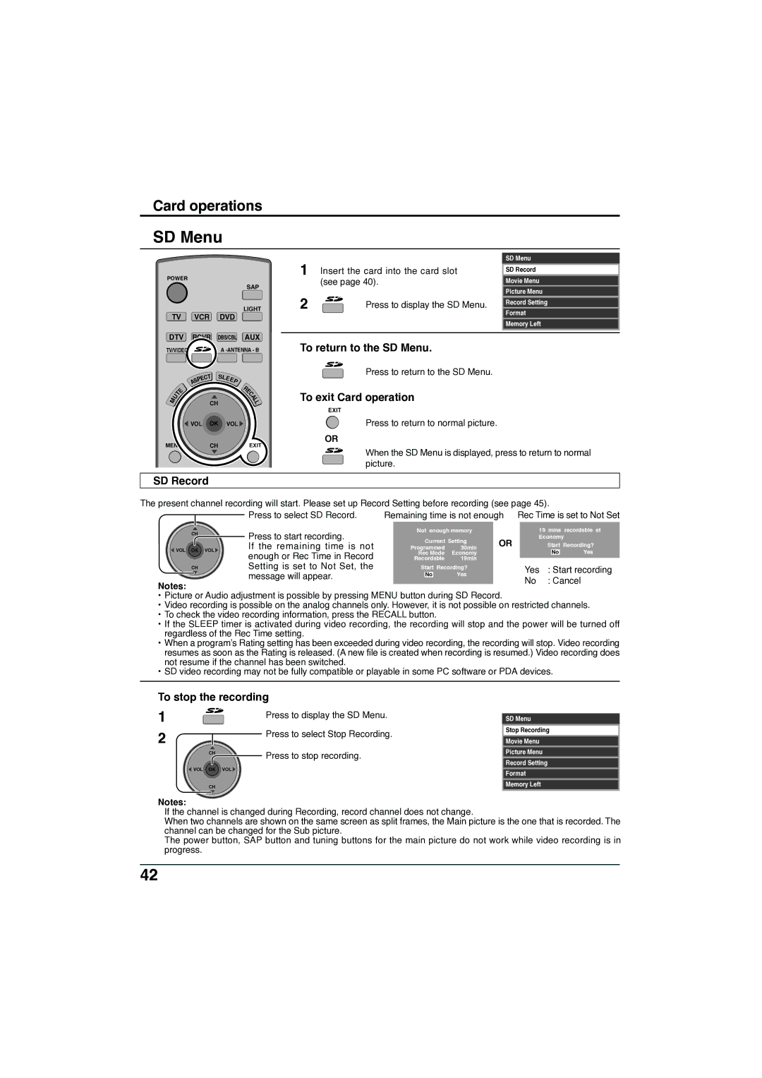 Panasonic TC-32LX300 manual To return to the SD Menu, To exit Card operation, SD Record, To stop the recording 