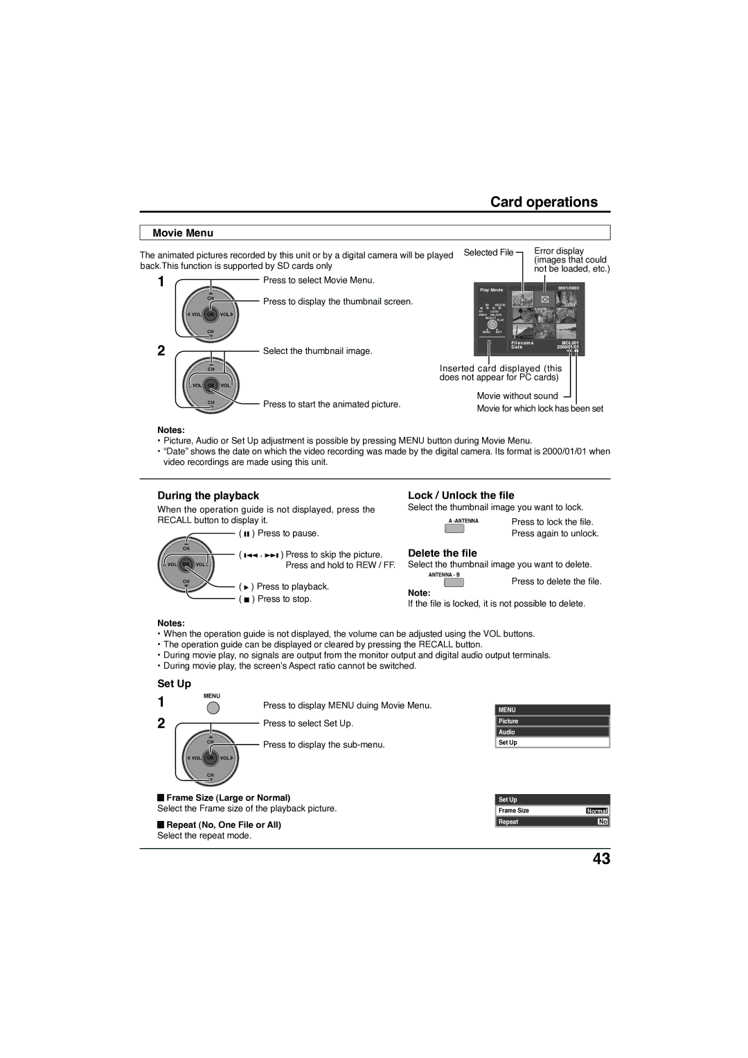 Panasonic TC-32LX300 manual Movie Menu, During the playback, Lock / Unlock the file, Delete the file, Set Up 