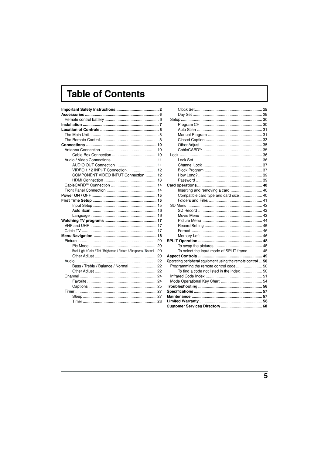 Panasonic TC-32LX300 manual Table of Contents 