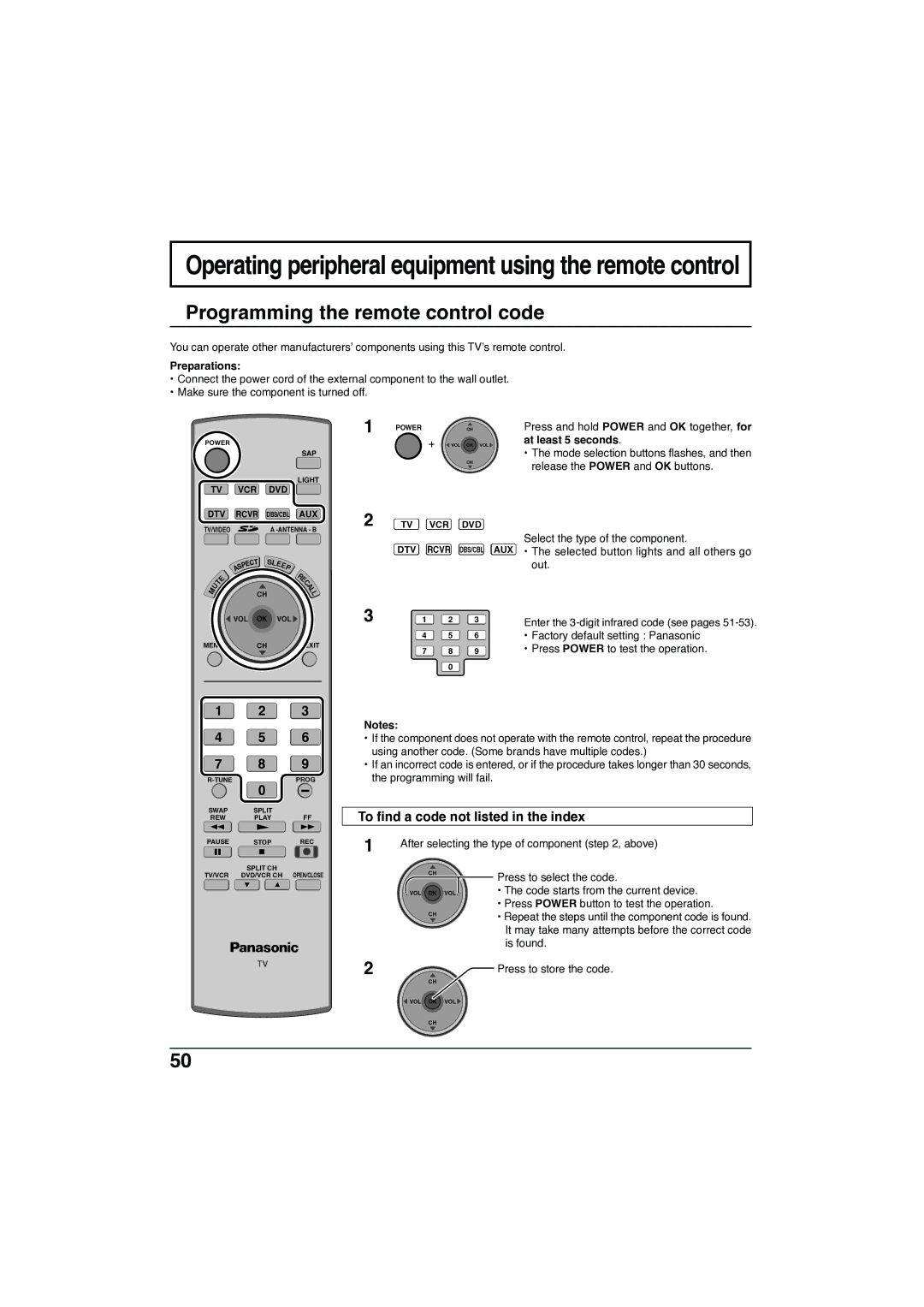 Panasonic TC-32LX300 manual Programming the remote control code, To find a code not listed in the index 