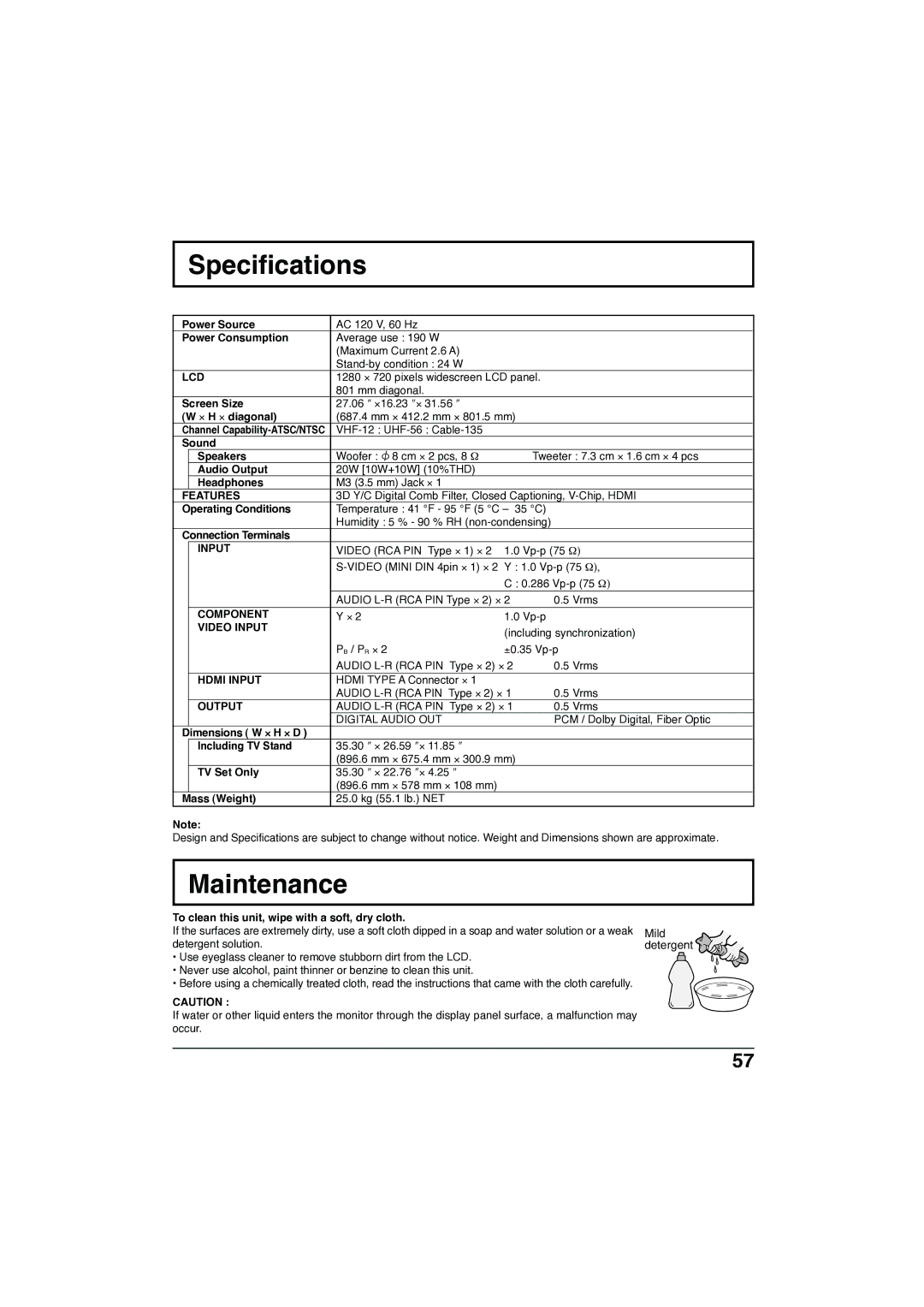 Panasonic TC-32LX300 manual Specifications, Maintenance 