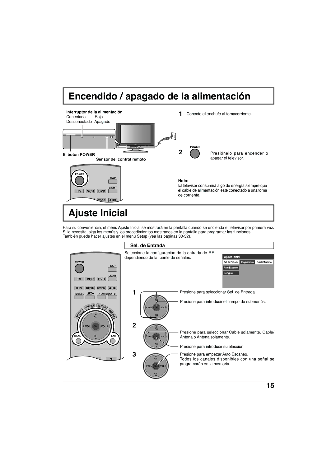 Panasonic TC-32LX300 manual Encendido / apagado de la alimentación, Ajuste Inicial, Sel. de Entrada 