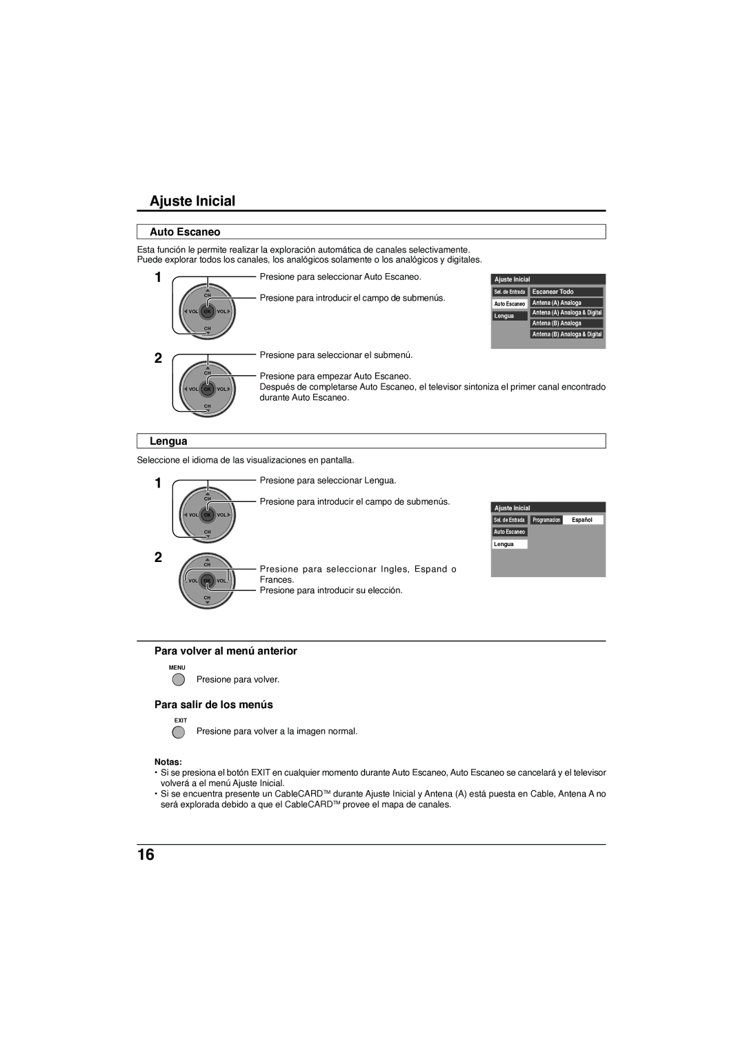 Panasonic TC-32LX300 manual Auto Escaneo, Lengua, Para volver al menú anterior, Para salir de los menús 