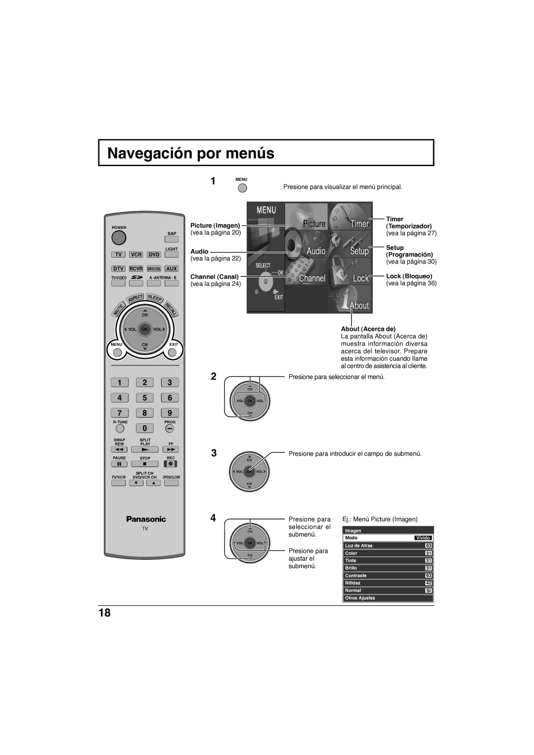 Panasonic TC-32LX300 manual Navegación por menús, Presione para Ej. Menú Picture Imagen Seleccionar el, Submenú, Ajustar el 