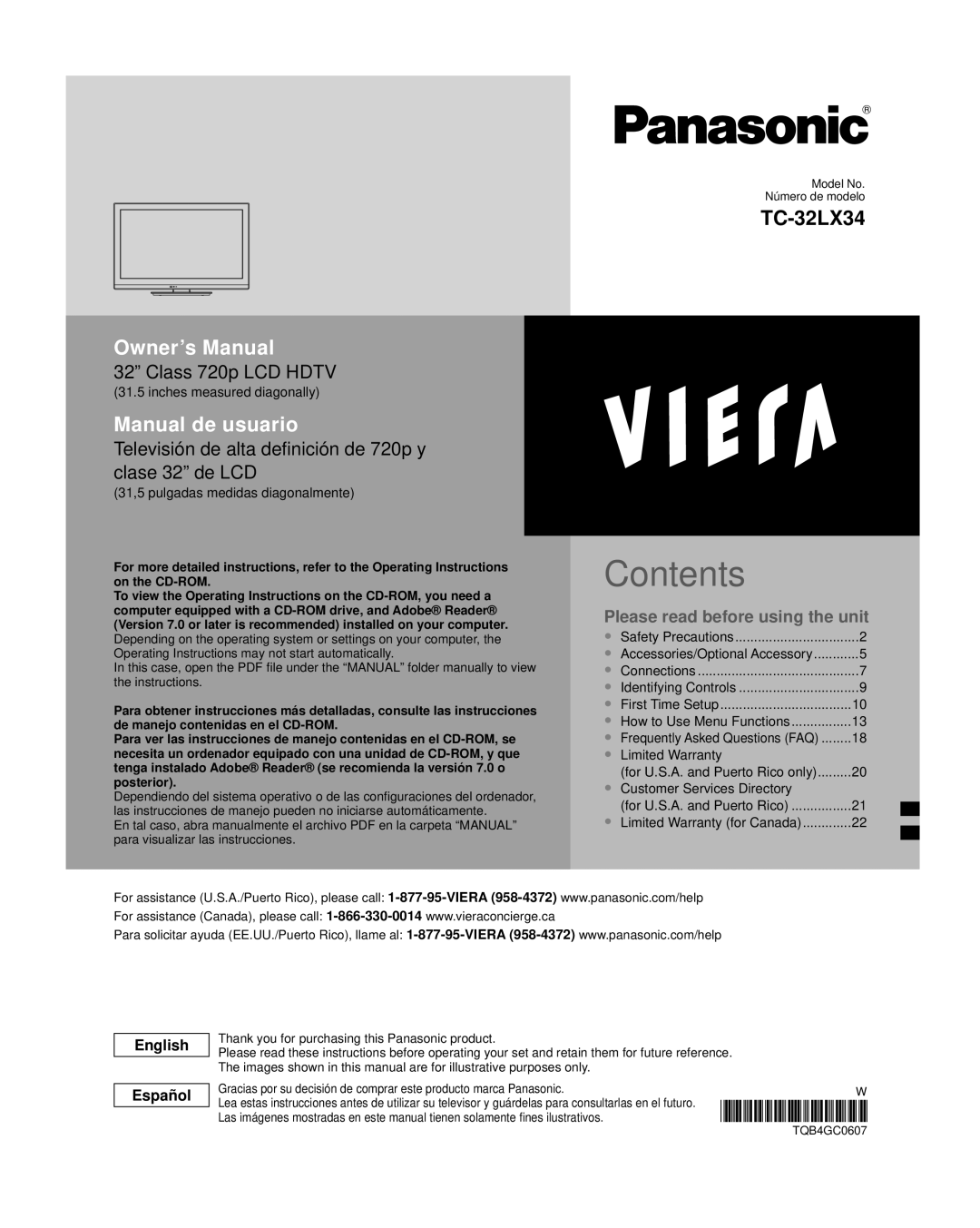 Panasonic TC-32LX34 owner manual Contents 