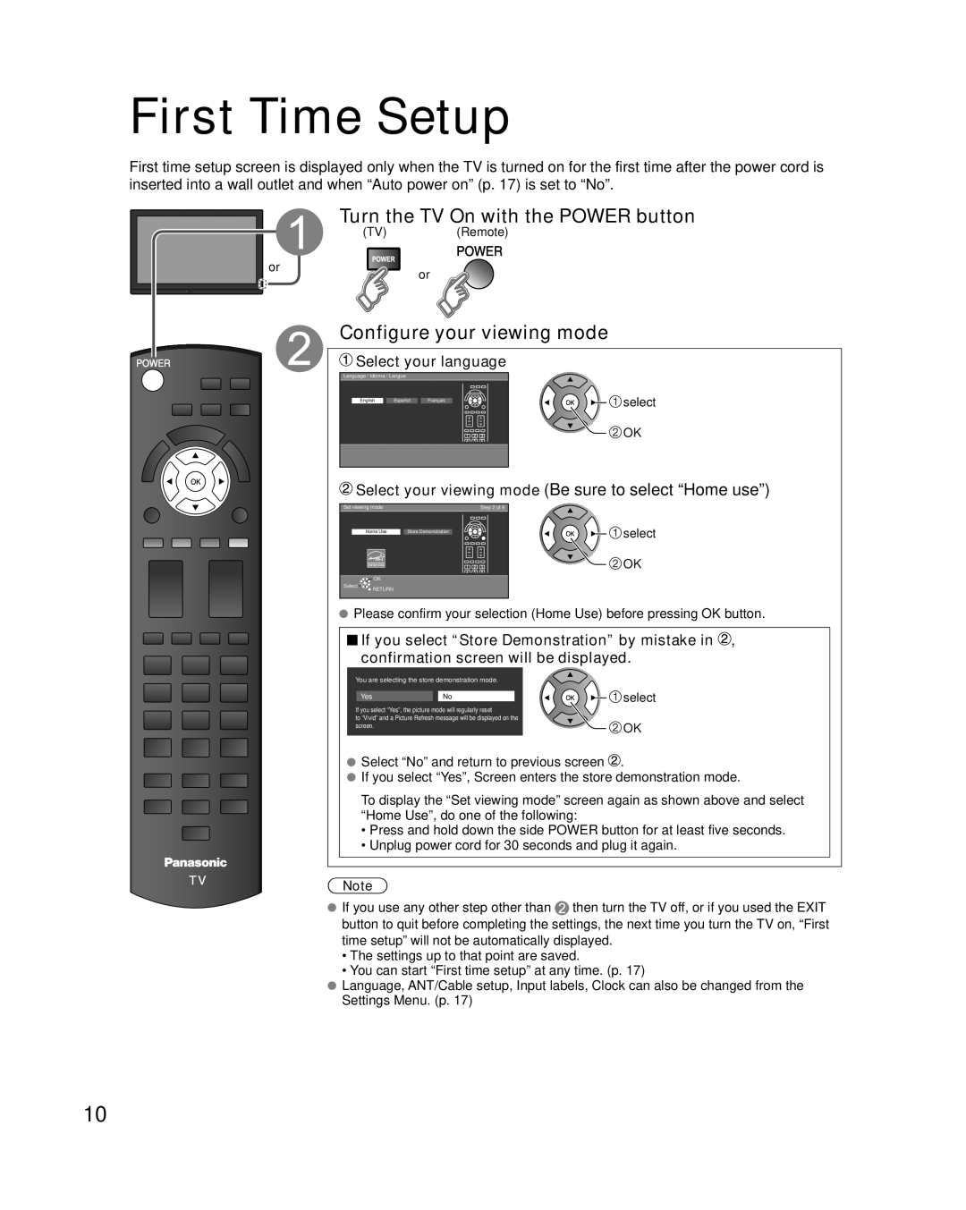 Panasonic TC-32LX34 owner manual First Time Setup, Turn the TV On with the Power button, Configure your viewing mode 