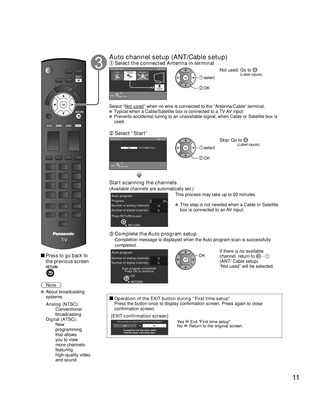 Panasonic TC-32LX34 owner manual Auto channel setup ANT/Cable setup, Analog Ntsc Conventional broadcasting Digital Atsc 