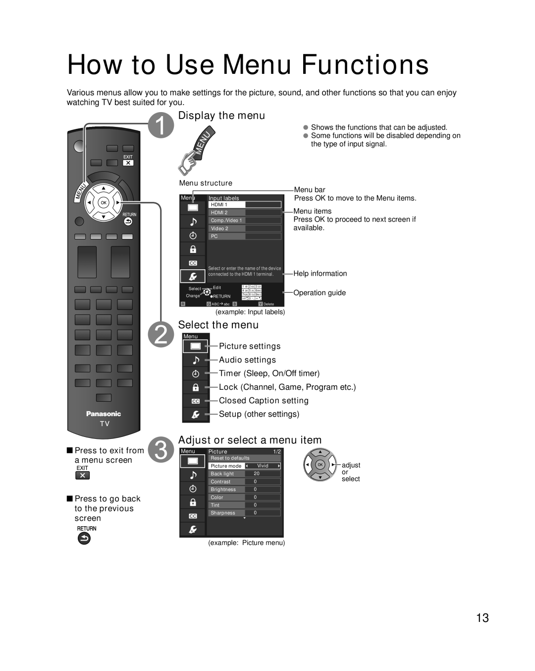 Panasonic TC-32LX34 owner manual How to Use Menu Functions, Display the menu, Select the menu, Adjust or select a menu item 