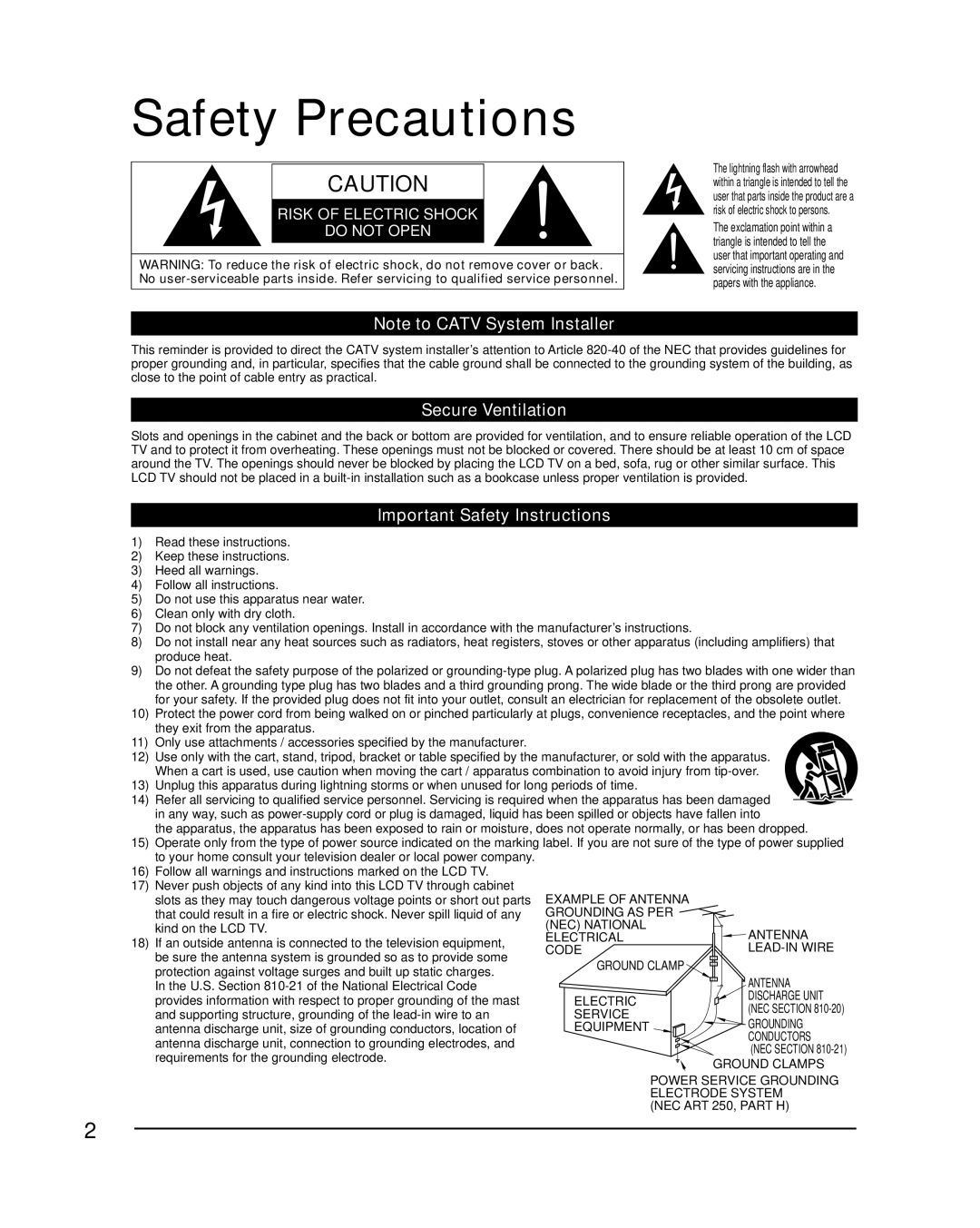 Panasonic TC-32LX34 owner manual Safety Precautions, Secure Ventilation, Important Safety Instructions 