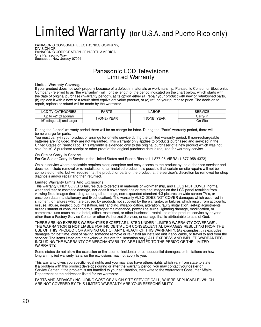 Panasonic TC-32LX34 Limited Warranty Coverage, On-Site or Carry-in Service, Limited Warranty Limits And Exclusions 