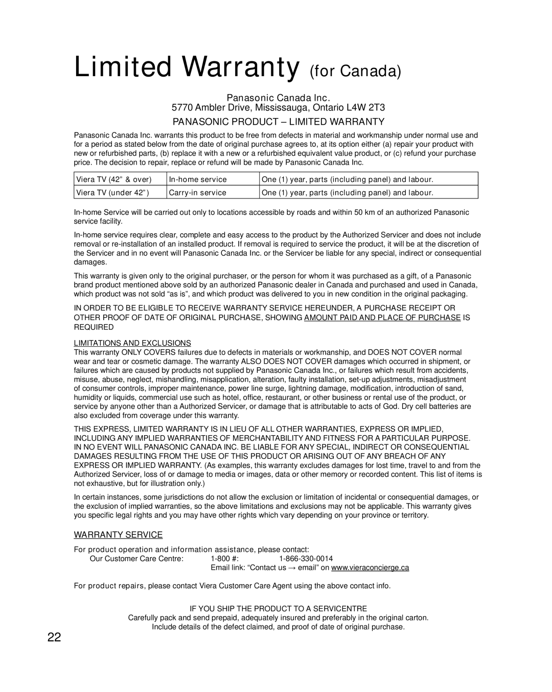 Panasonic TC-32LX34 owner manual Limited Warranty for Canada, If YOU Ship the Product to a Servicentre 