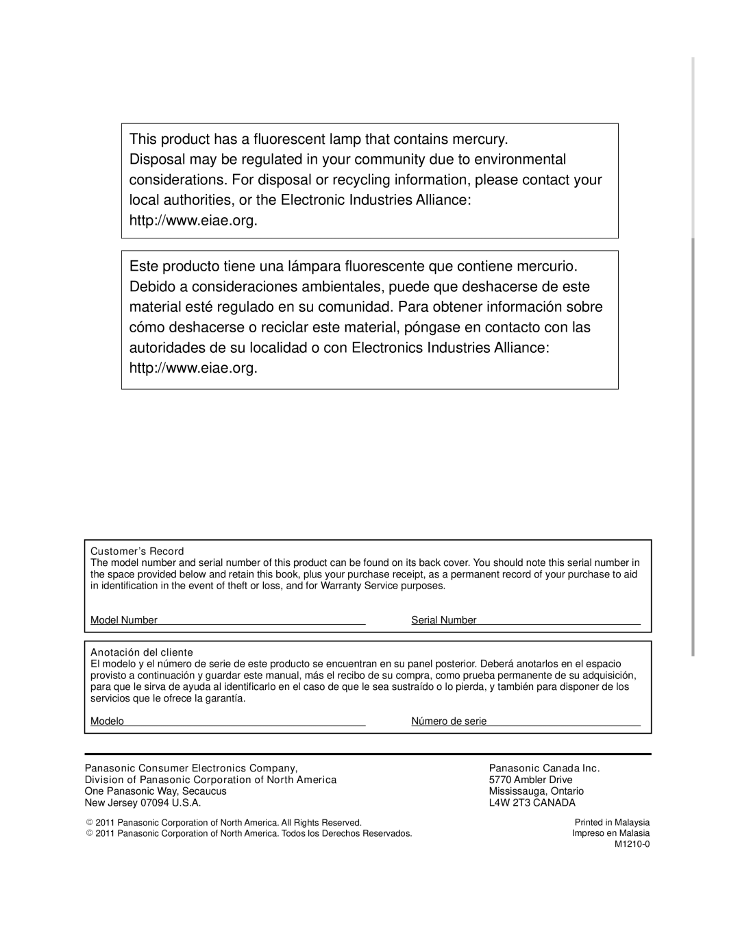 Panasonic TC-32LX34 owner manual Customer’s Record, Anotación del cliente 