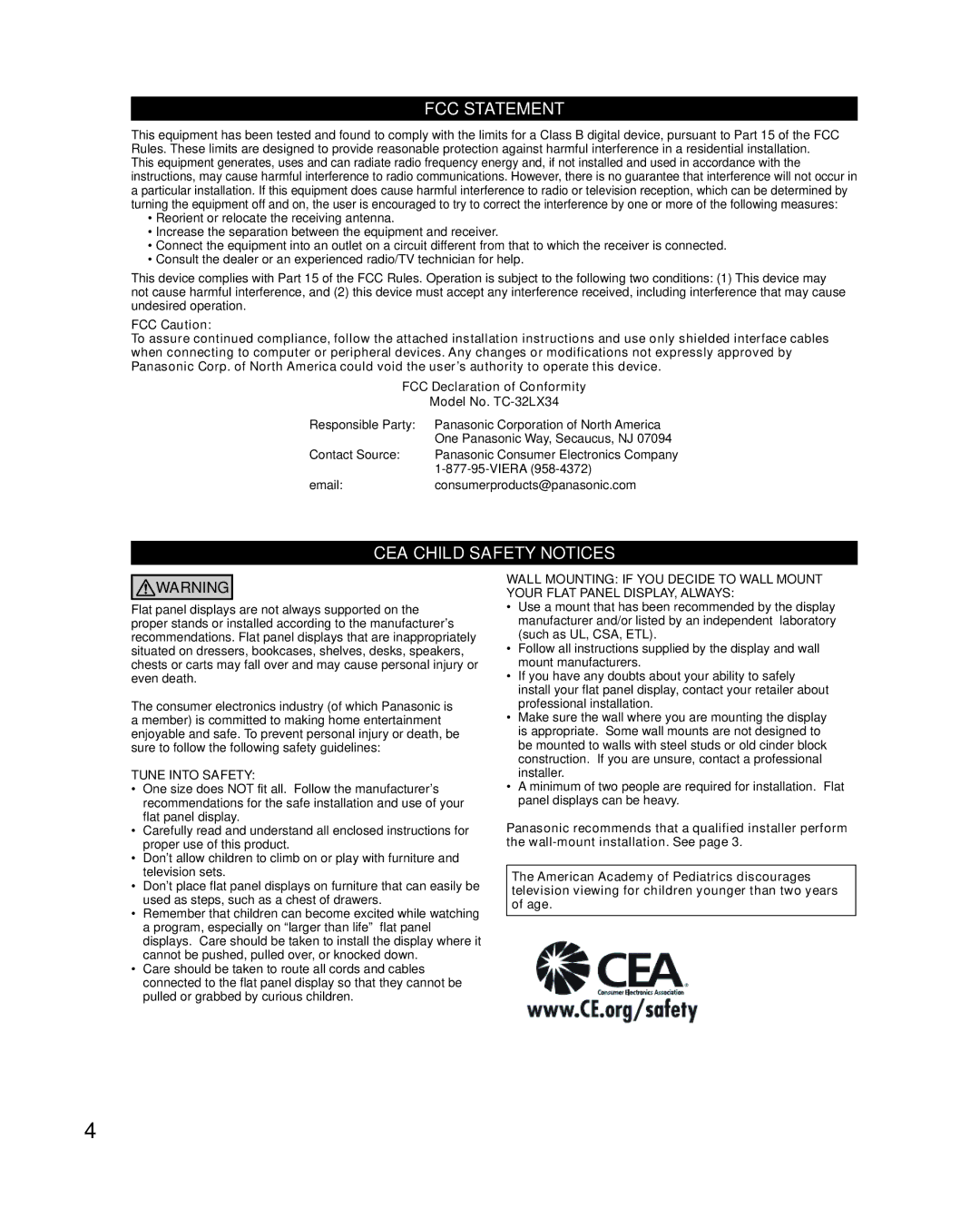 Panasonic TC-32LX34 owner manual FCC Statement 