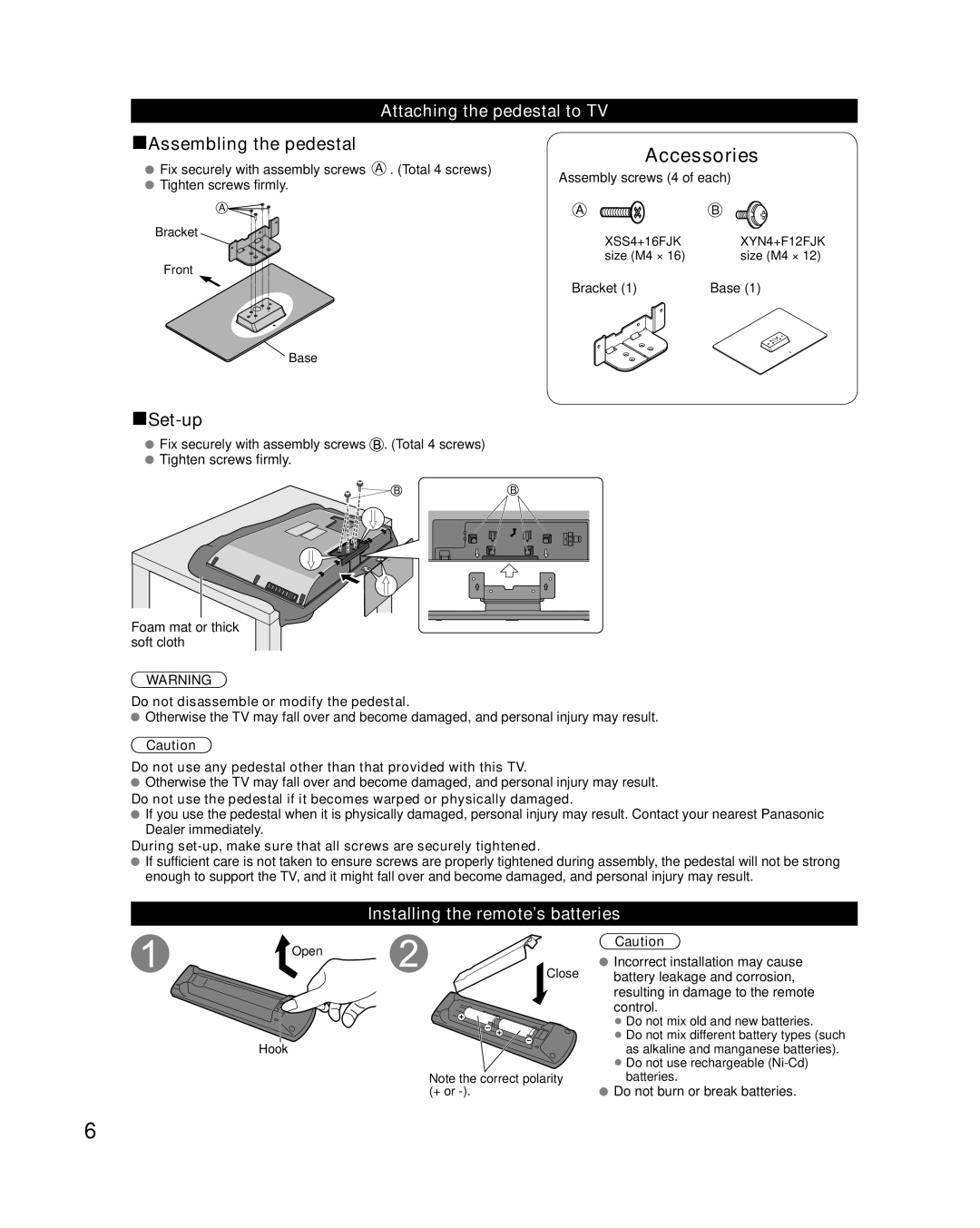 Panasonic TC-32LX34 owner manual Attaching the pedestal to TV, Installing the remote’s batteries 