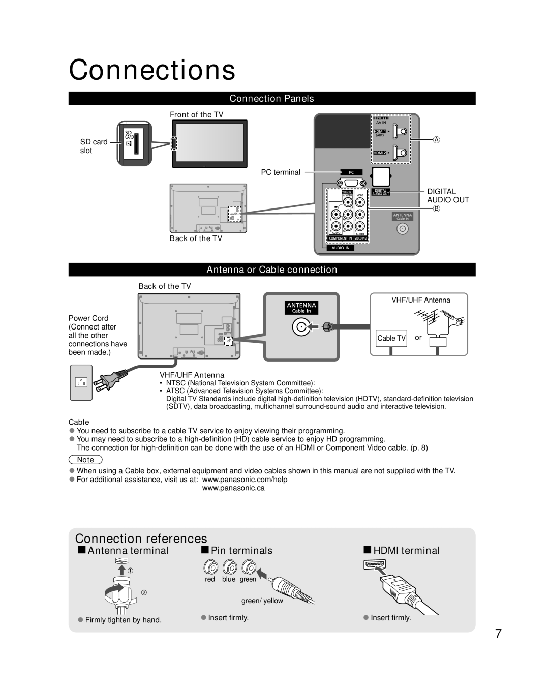Panasonic TC-32LX34 owner manual Connections, Connection Panels, Antenna or Cable connection 