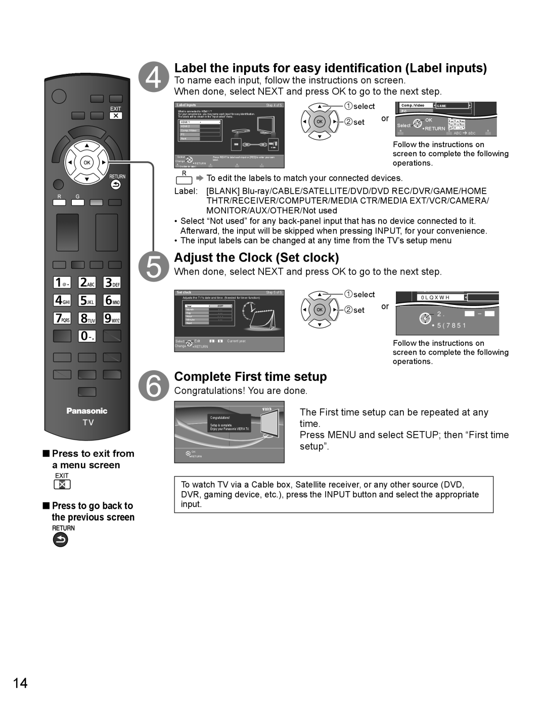 Panasonic TC-32LX44 owner manual Label the inputs for easy identification Label inputs, Adjust the Clock Set clock, Select 