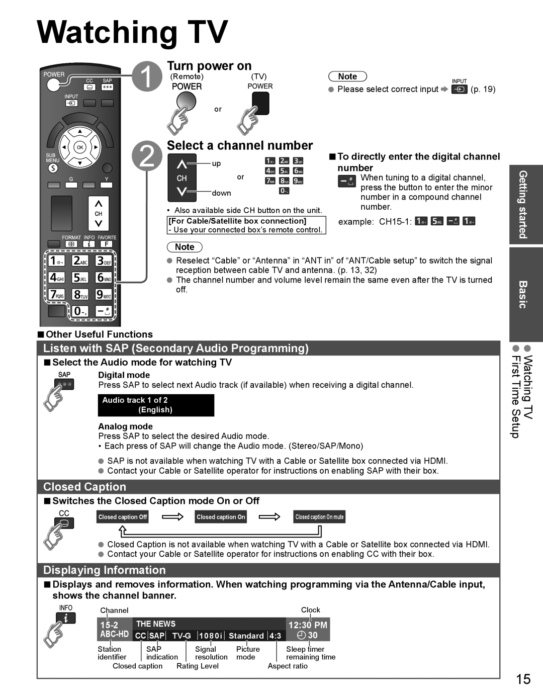 Panasonic TC-32LX44 Watching TV, Turn power on, Select a channel number, Closed Caption, Displaying Information 