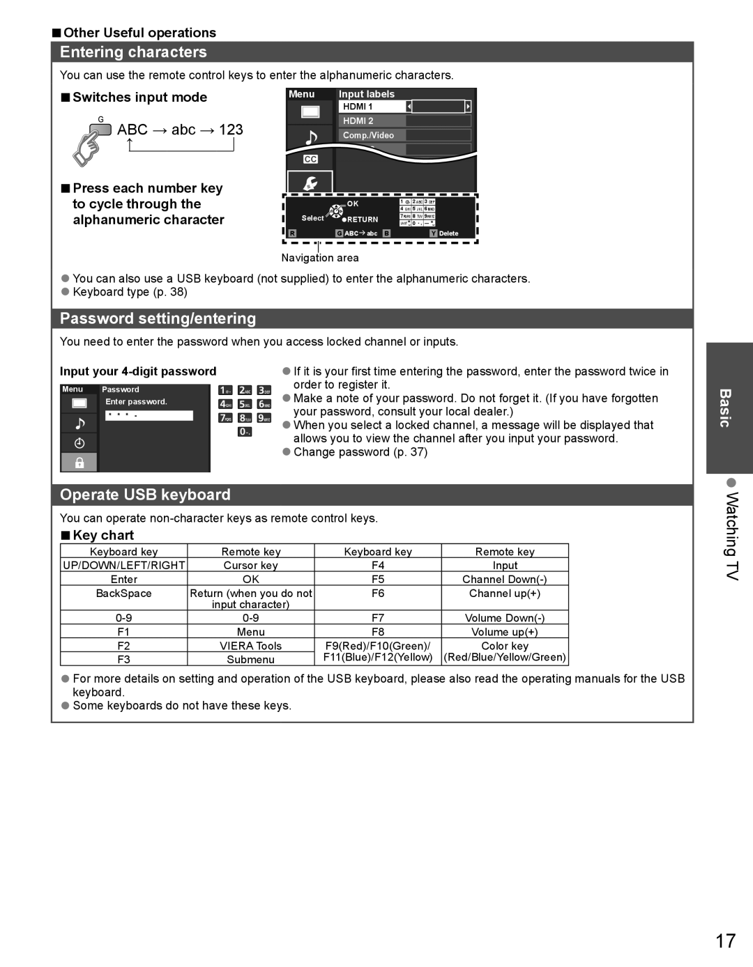 Panasonic TC-32LX44 owner manual Entering characters, Password setting/entering, Operate USB keyboard, Watching TV 