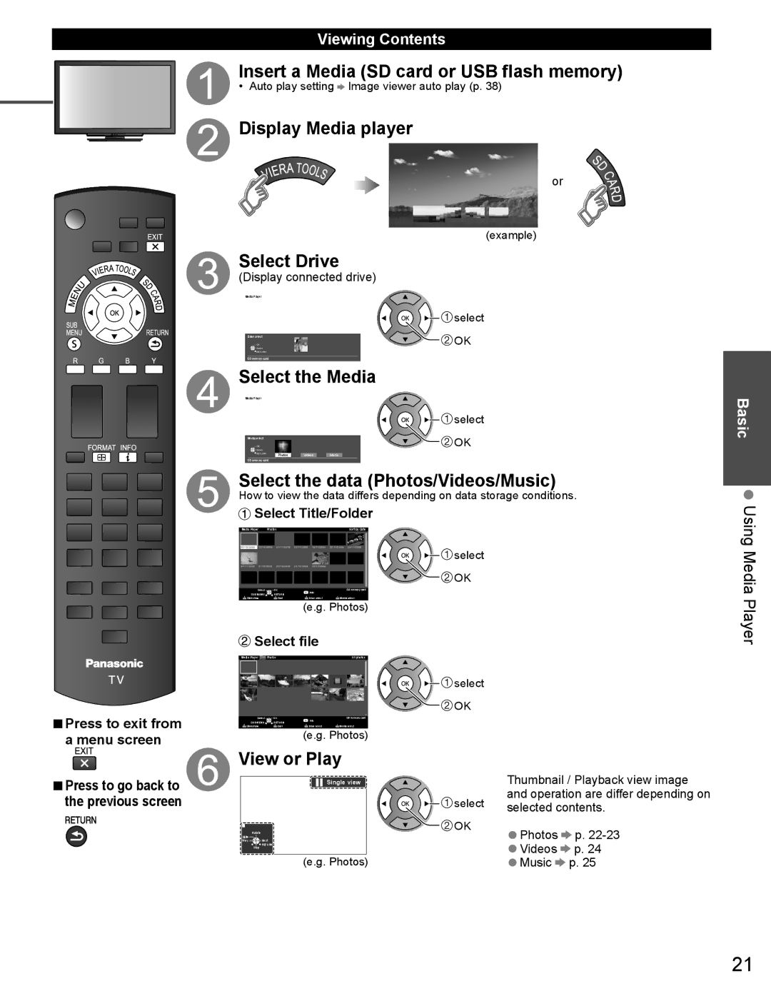 Panasonic TC-32LX44 Insert a Media SD card or USB flash memory, Display Media player, Select Drive, View or Play 