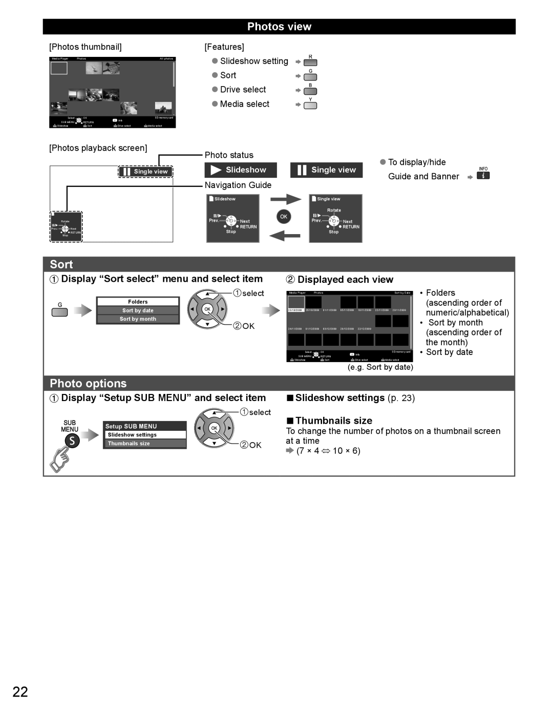 Panasonic TC-32LX44 owner manual Sort, Photo options, Photos view, Display Setup SUB Menu and select item 