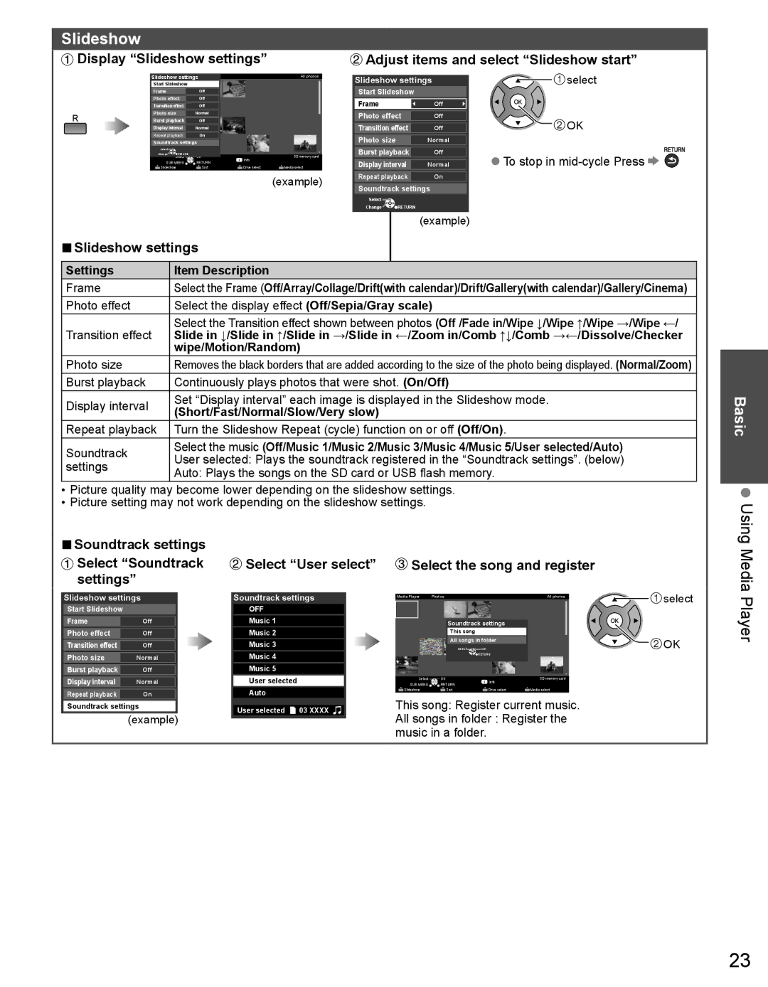 Panasonic TC-32LX44 owner manual Player, Slideshow settings, Soundtrack settings Select Soundtrack 