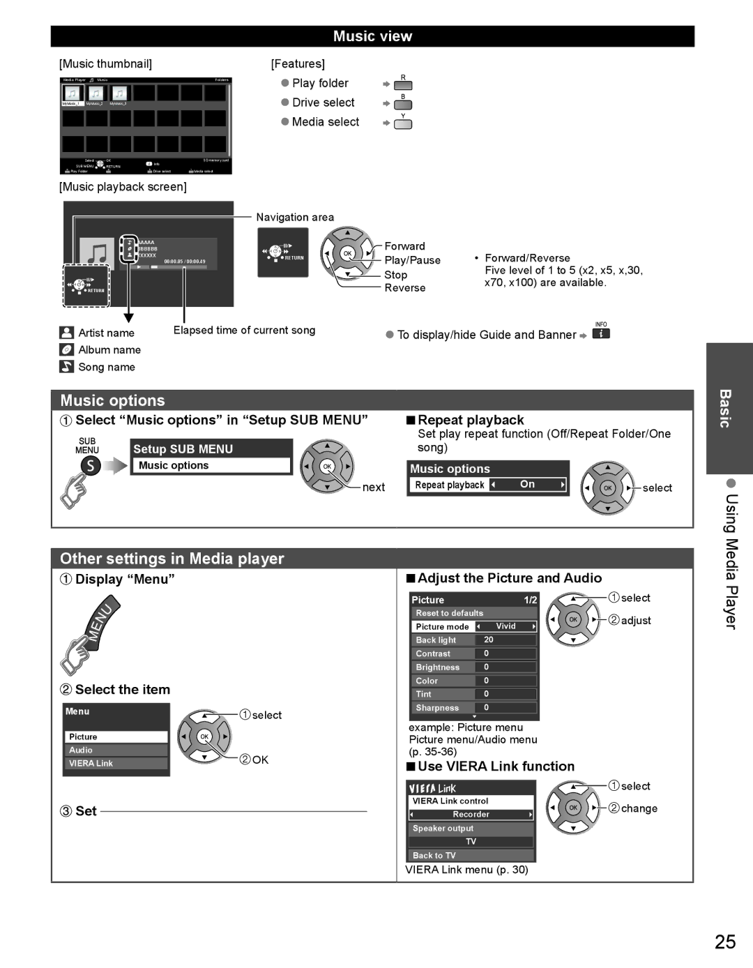 Panasonic TC-32LX44 owner manual Music options, Using, Other settings in Media player, Music view 