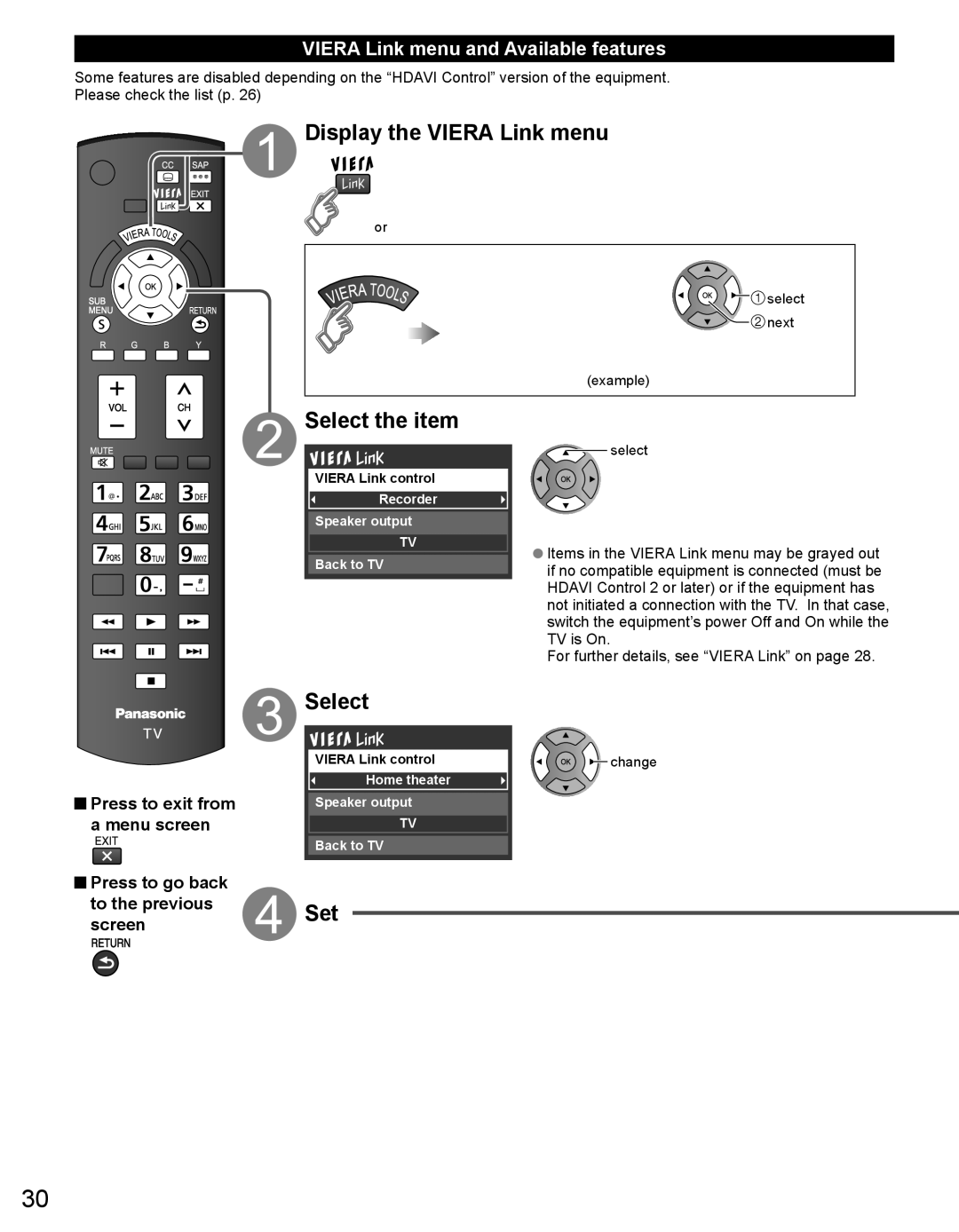 Panasonic TC-32LX44 owner manual Display the Viera Link menu, Select, Set, Viera Link menu and Available features 