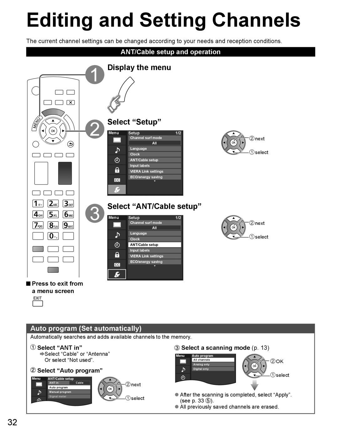 Panasonic TC-32LX44 owner manual Editing and Setting Channels, Display the menu Select Setup, Select ANT/Cable setup 