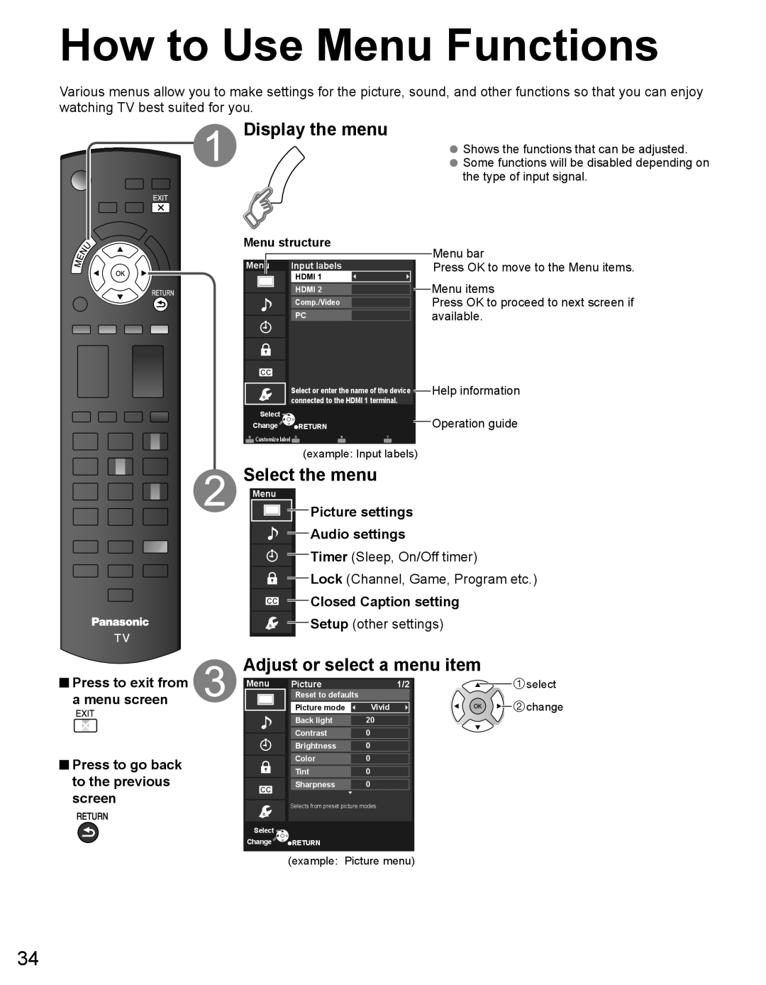 Panasonic TC-32LX44 owner manual How to Use Menu Functions, Display the menu, Select the menu, Adjust or select a menu item 