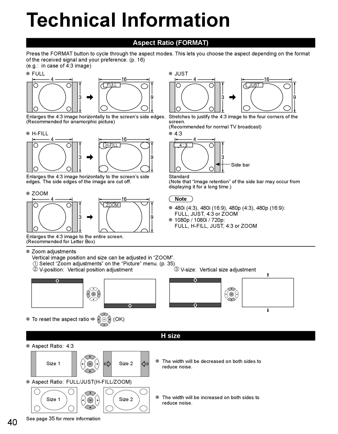 Panasonic TC-32LX44 Technical Information, Aspect Ratio Format, Size, To reset the aspect ratio OK Aspect Ratio 