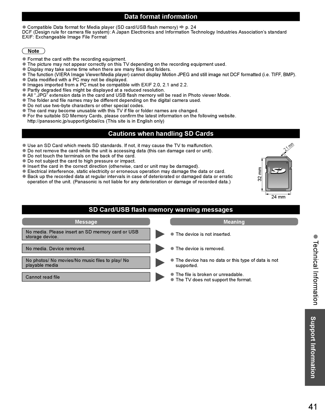 Panasonic TC-32LX44 owner manual Technical Information Support Information, Data format information 