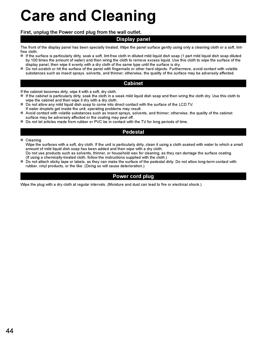 Panasonic TC-32LX44 owner manual Care and Cleaning, Display panel, Cabinet, Pedestal, Power cord plug 