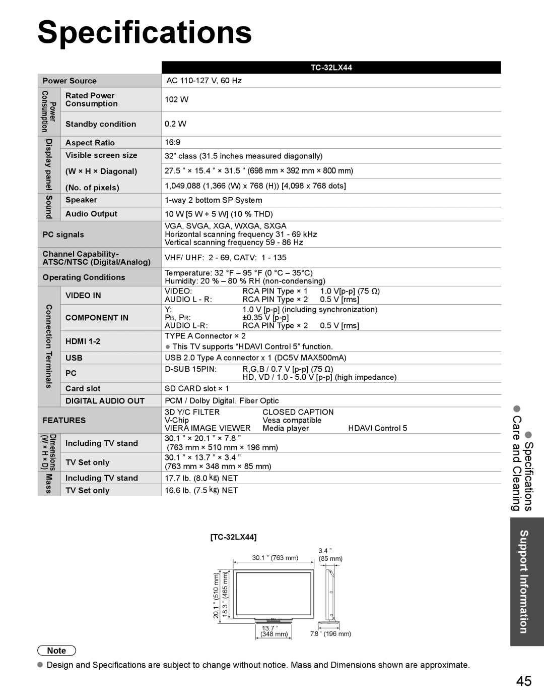 Panasonic TC-32LX44 owner manual Specifications Care and Cleaning 