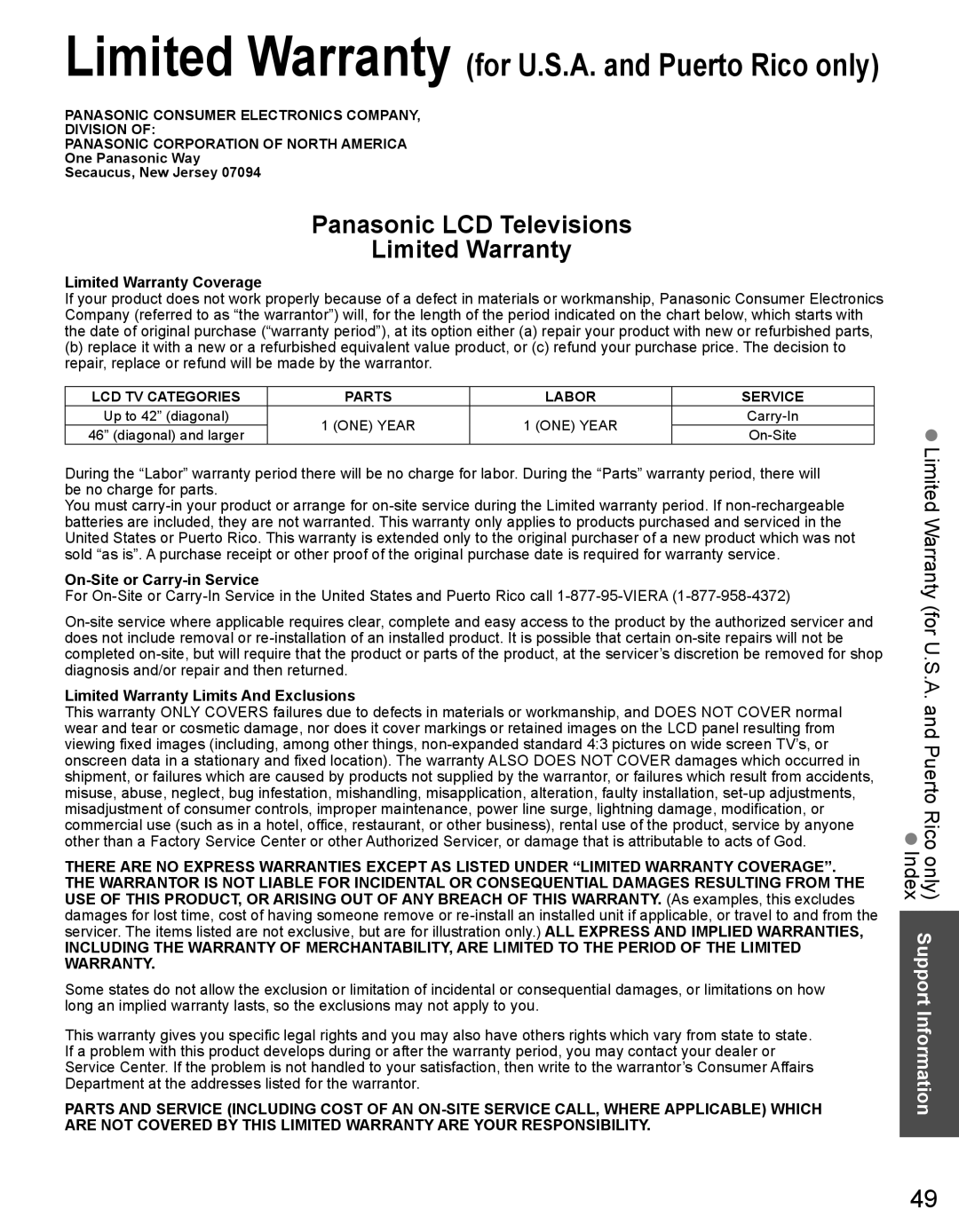 Panasonic TC-32LX44 Limited Warranty Coverage, On-Site or Carry-in Service, Limited Warranty Limits And Exclusions 