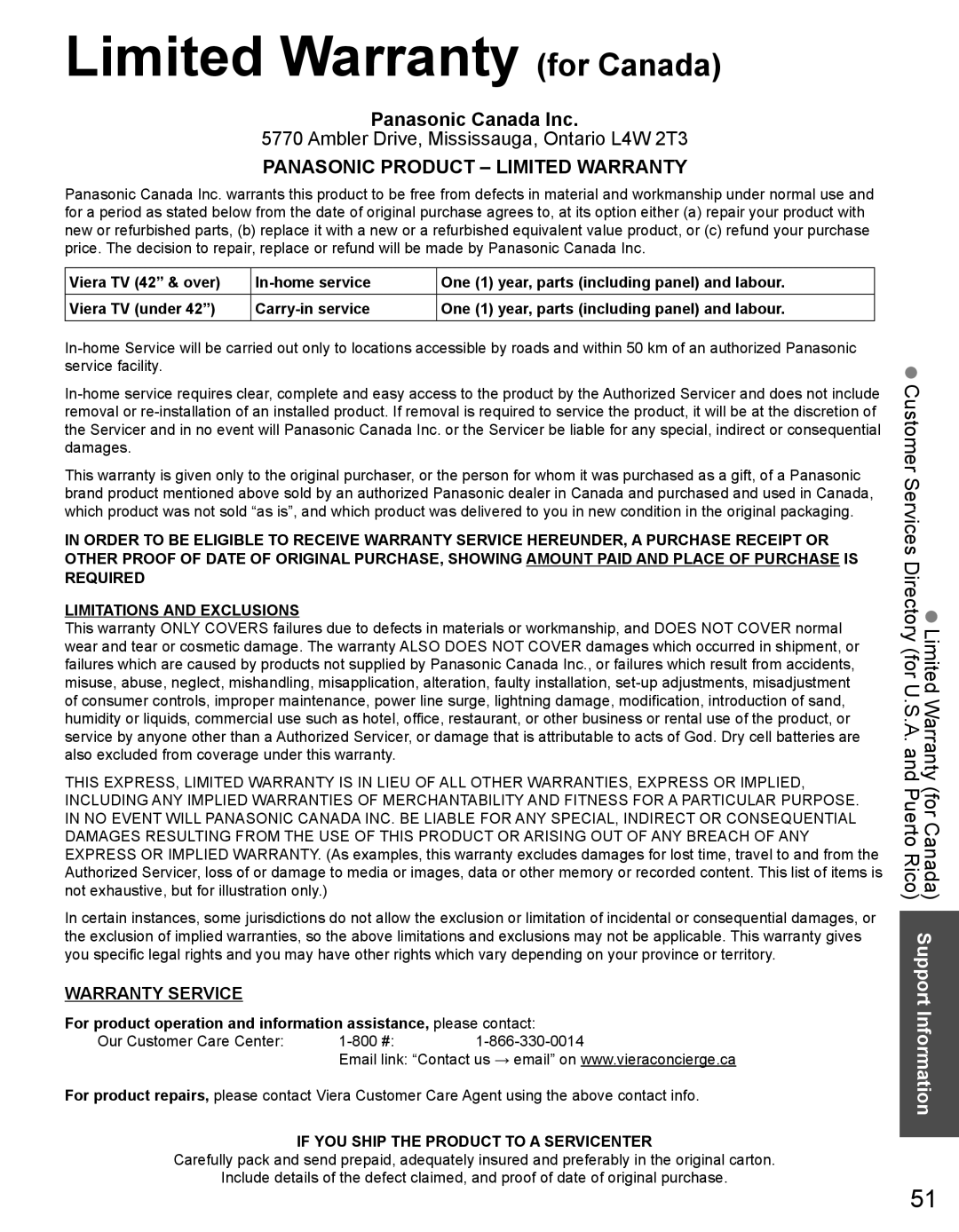 Panasonic TC-32LX44 owner manual Limited Warranty for Canada, Panasonic Product Limited Warranty 