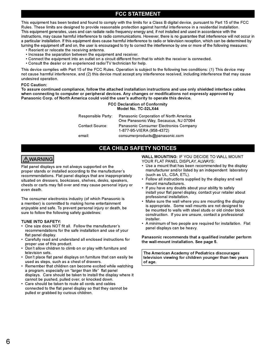 Panasonic TC-32LX44 owner manual FCC Statement 