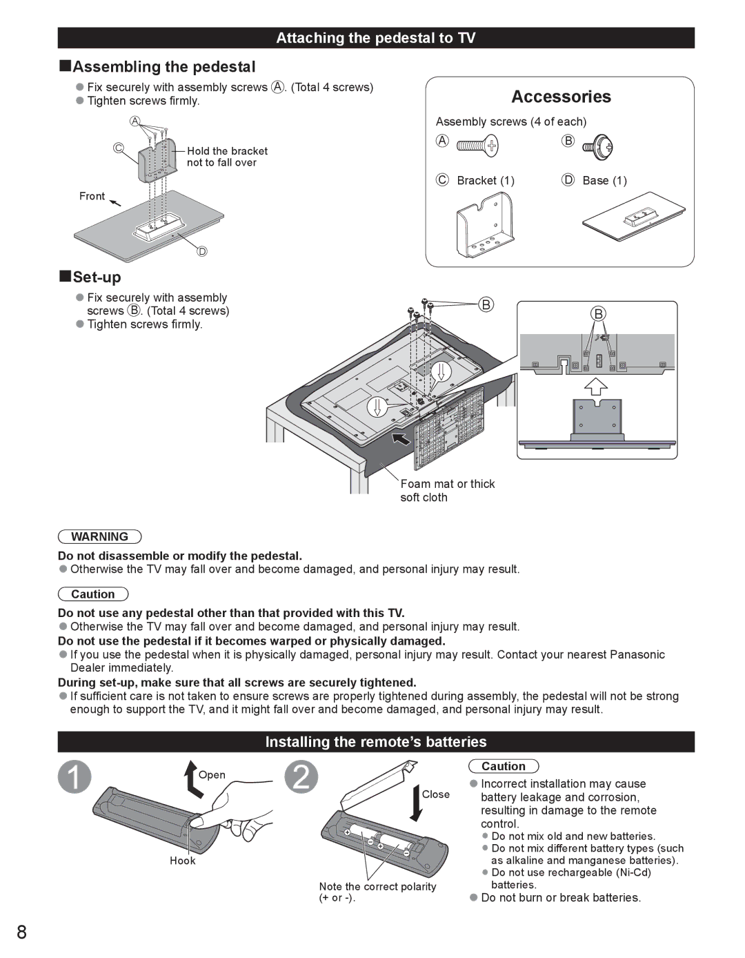 Panasonic TC-32LX44 owner manual Attaching the pedestal to TV, Installing the remote’s batteries 