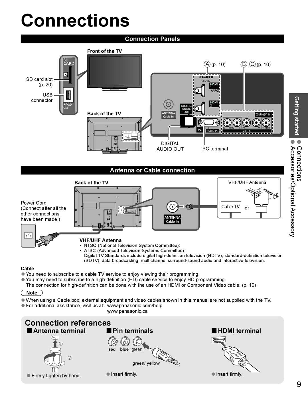 Panasonic TC-32LX44 owner manual Connections, Accessory, Connection Panels, Antenna or Cable connection, Hdmi terminal 