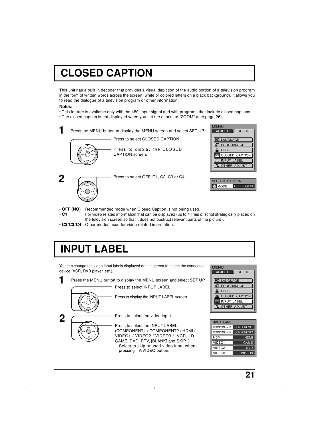 Panasonic TC 32LX50, TC 26LX50, TC-26LE55 Closed Caption, Input Label, Press to display the Closed, Caption screen 