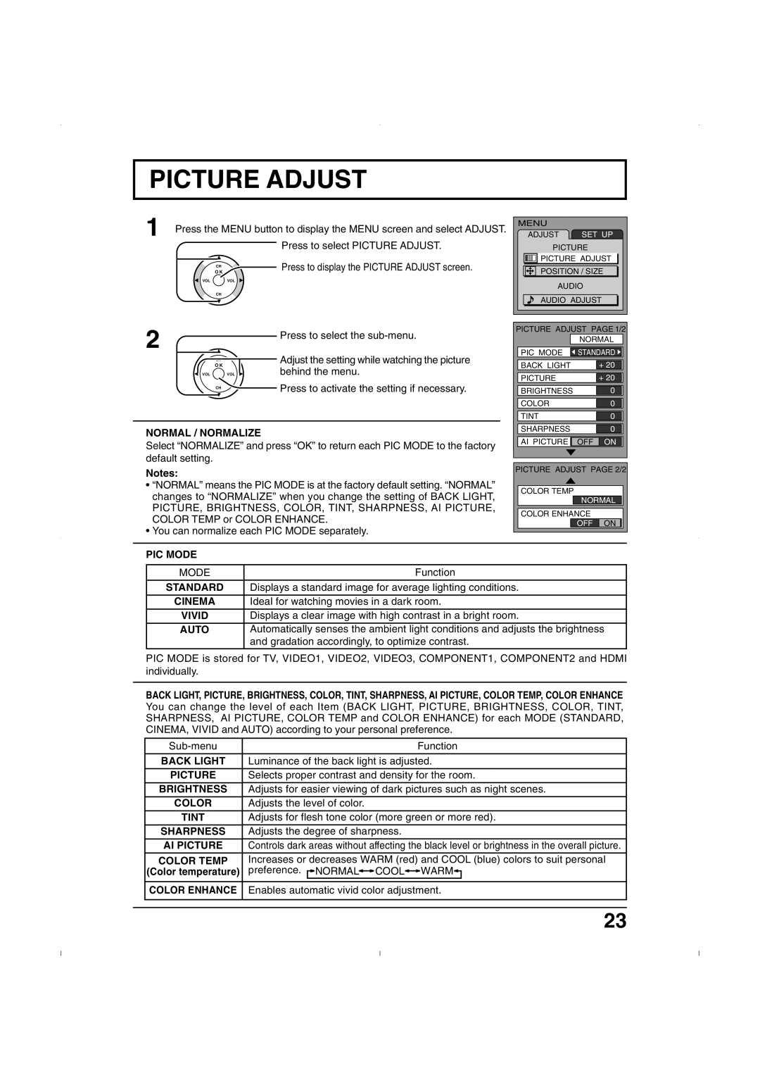 Panasonic TC-26LE55, TC 32LX50, TC 26LX50 operating instructions Picture Adjust 