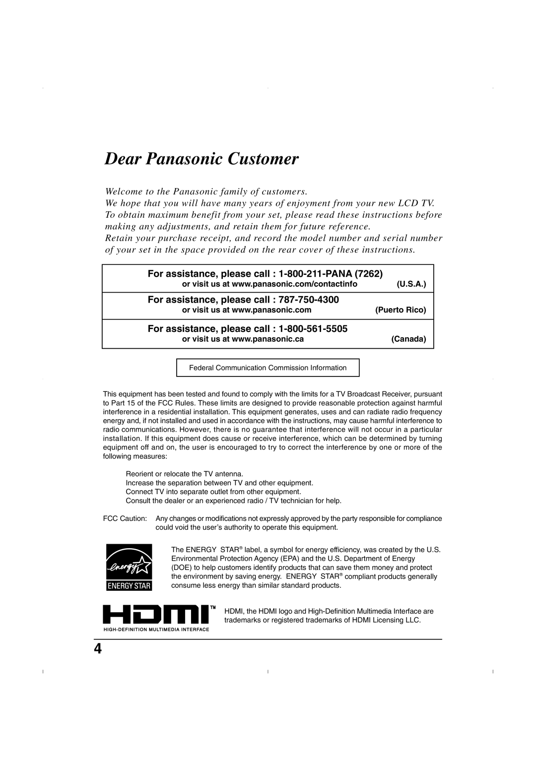 Panasonic TC 26LX50, TC 32LX50, TC-26LE55 operating instructions Dear Panasonic Customer 