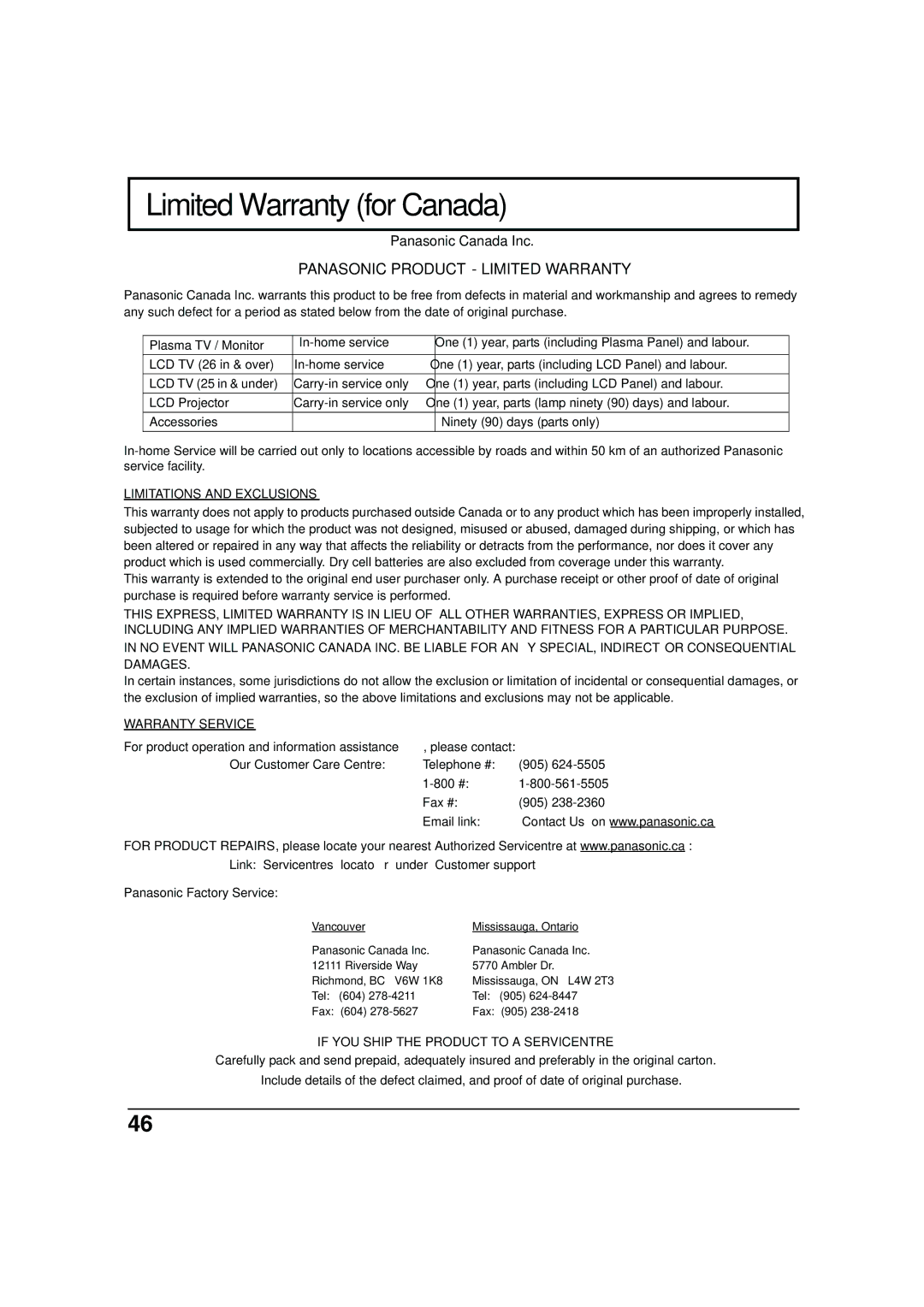 Panasonic TC 26LX50, TC 32LX50, TC-26LE55 operating instructions Limited Warranty for Canada 