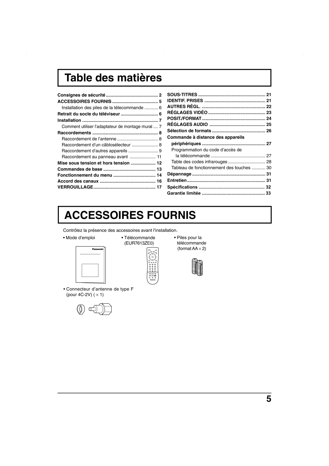 Panasonic TC-26LE55, TC 32LX50 Table des matières, Accessoires Fournis, Connecteur d’antenne de type F pour 4C-2V ⋅ 