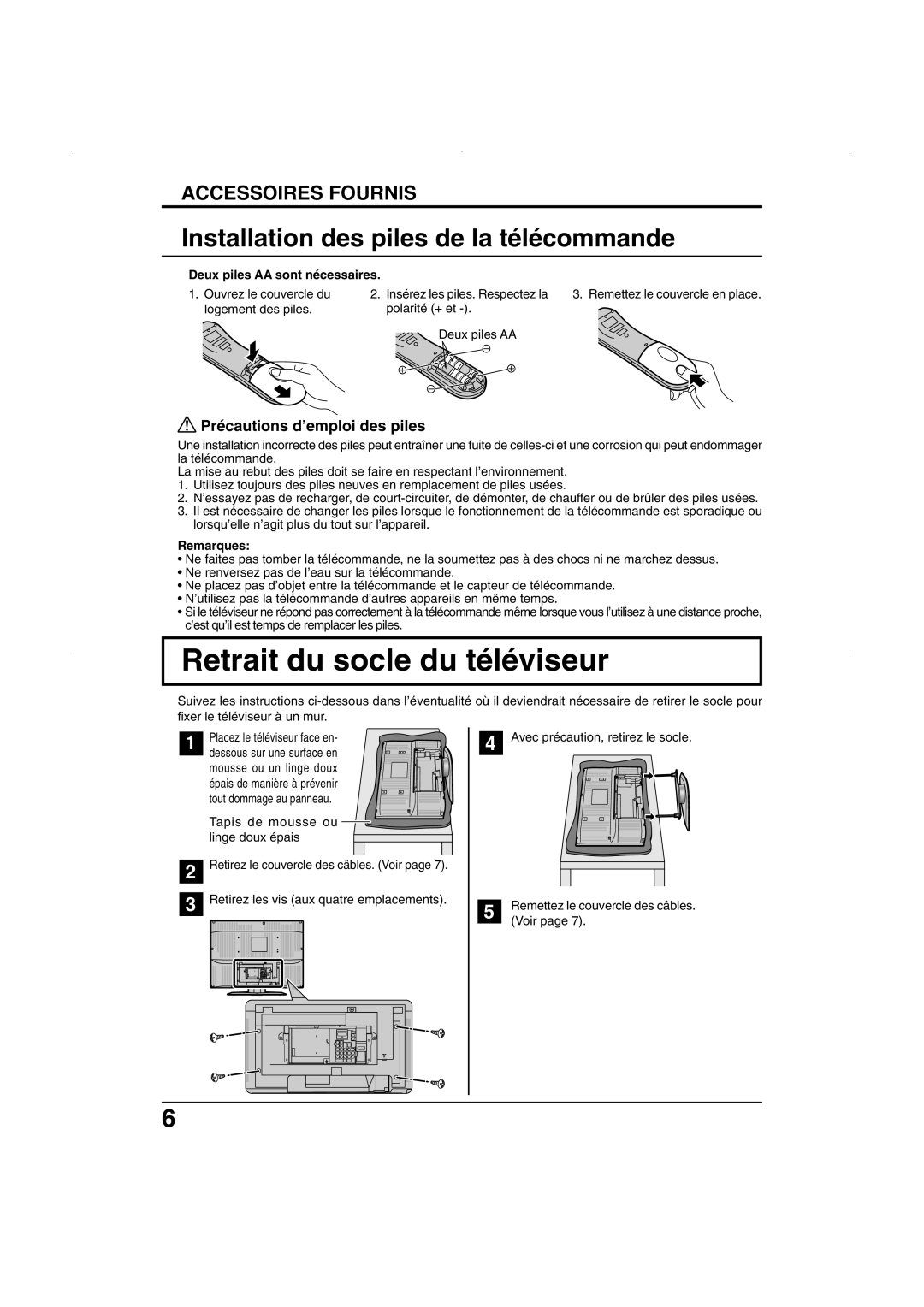 Panasonic TC 32LX50, TC 26LX50 Retrait du socle du téléviseur, Installation des piles de la télécommande, Remarques 